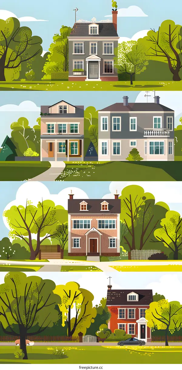 Four Houses With Green Trees and Grass