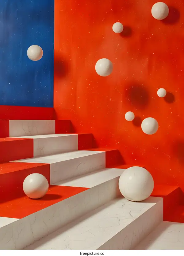 3D rendering of a staircase with a red and blue background and white spheres