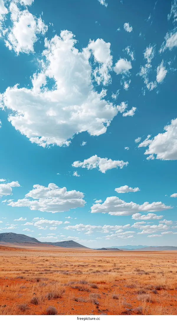 Blue sky and arid desert landscape with distant mountains