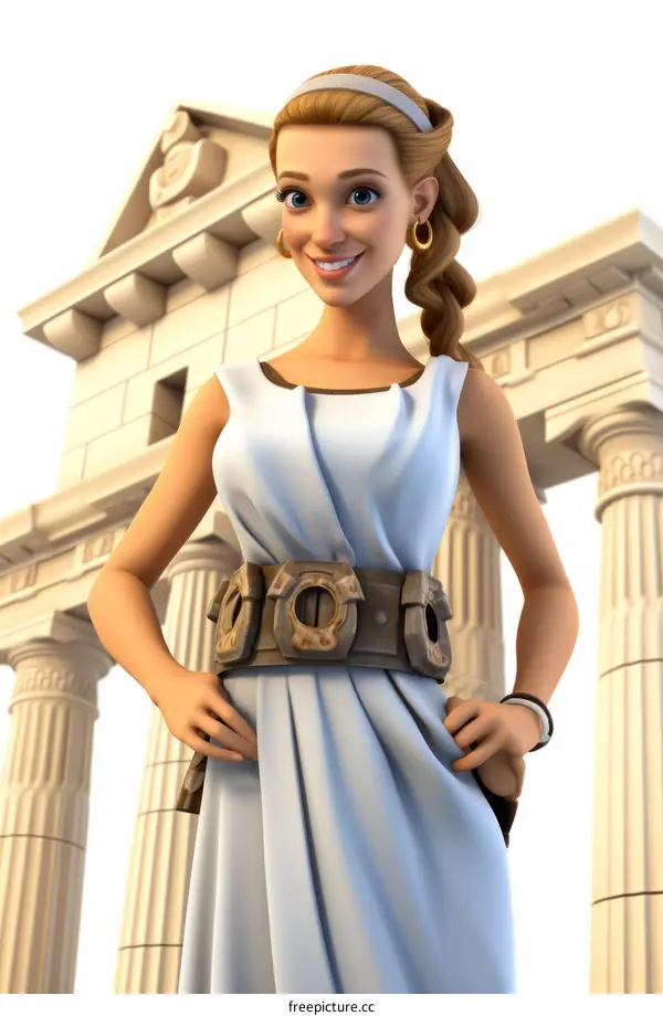 A young woman in a white dress standing in front of a Greek temple