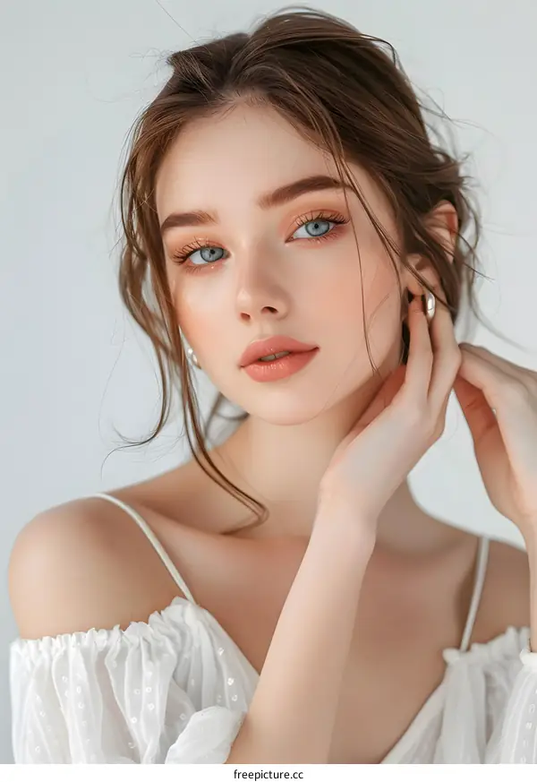 portrait of a beautiful young woman with brown hair and blue eyes