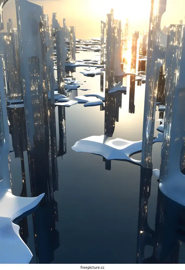 Futuristic Cityscape with Towers in Frozen Water