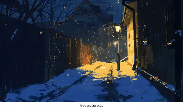 Snowy Night Street With Glowing Lights