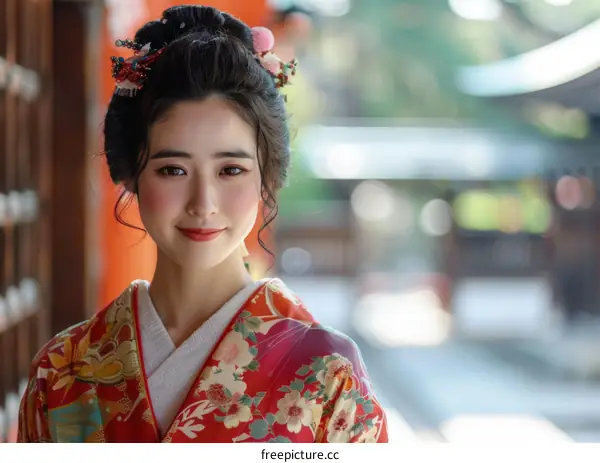 Portrait of a young woman in a kimono smiling at the camera