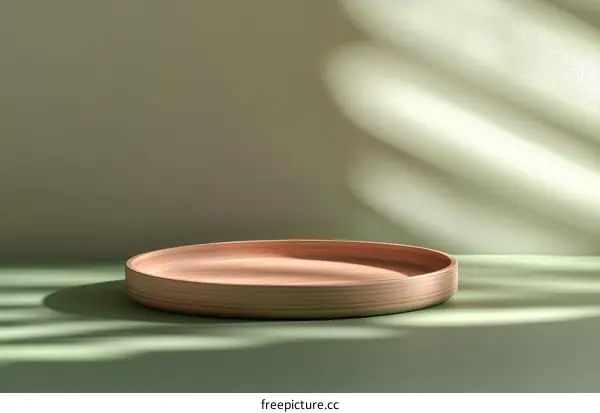 Empty Wooden Plate Display Against a Light Green Background
