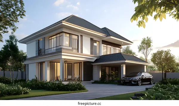 Modern Two Story House Design With Black Car and Landscape