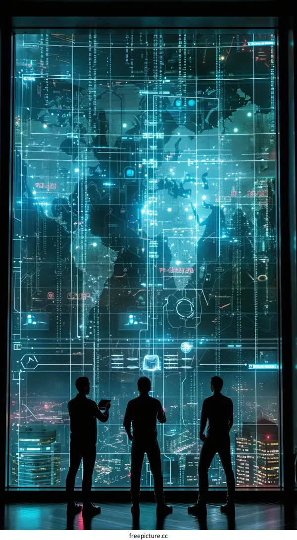 Business People Using Digital World Map on Glass Wall