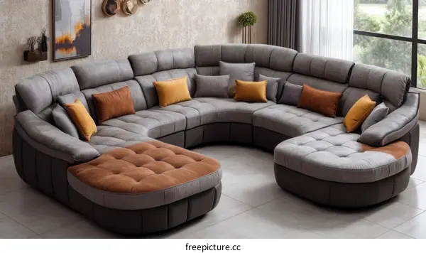 Modern U-Shaped Sectional Sofa in Grey and Brown