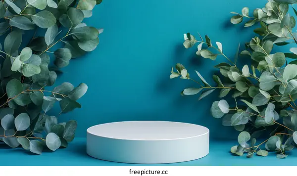 Teal Background with Eucalyptus Branches and Display Stand