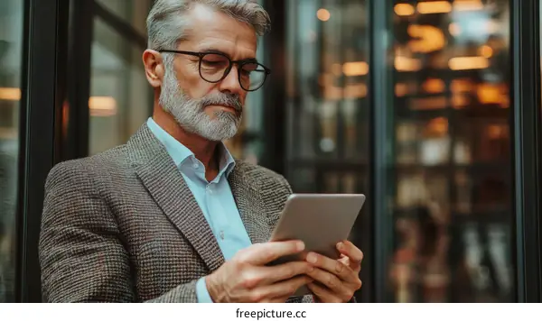 Mature Caucasian Man Using Digital Tablet Outdoors