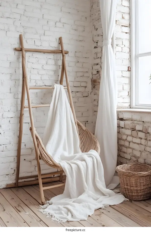 White Blanket on a Wicker Chair with a Wooden Ladder in a Brick Wall Room