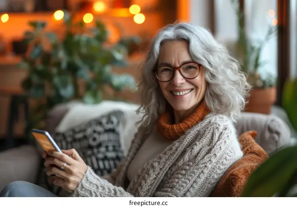 Smiling senior woman with grey hair and glasses using a smartphone