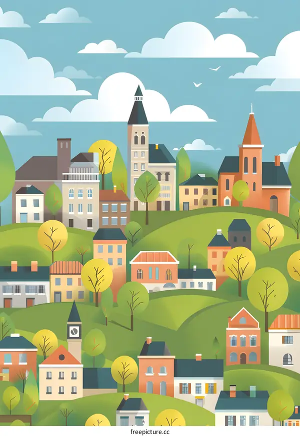 Colorful Illustration of a Small Town with Houses and Trees