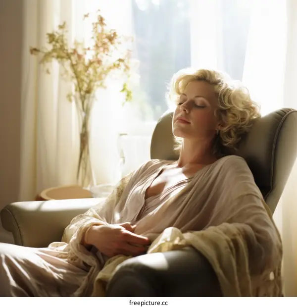 A beautiful blonde woman sleeping peacefully in a chair