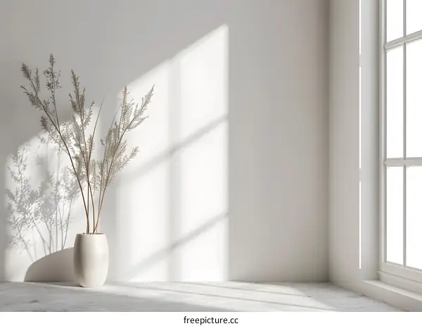 Minimalist White Room with Dried Flowers in a Vase and Sunlight
