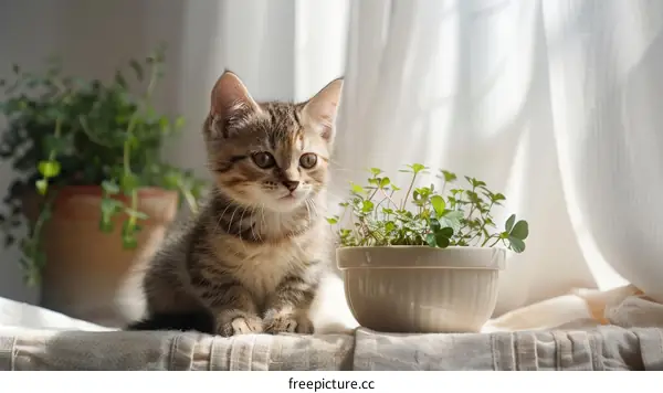 A cute tabby kitten sitting next to a potted plant