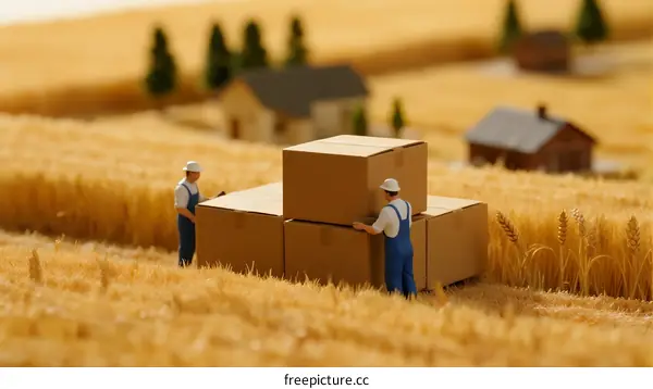 Miniature workers stacking boxes in golden wheat field