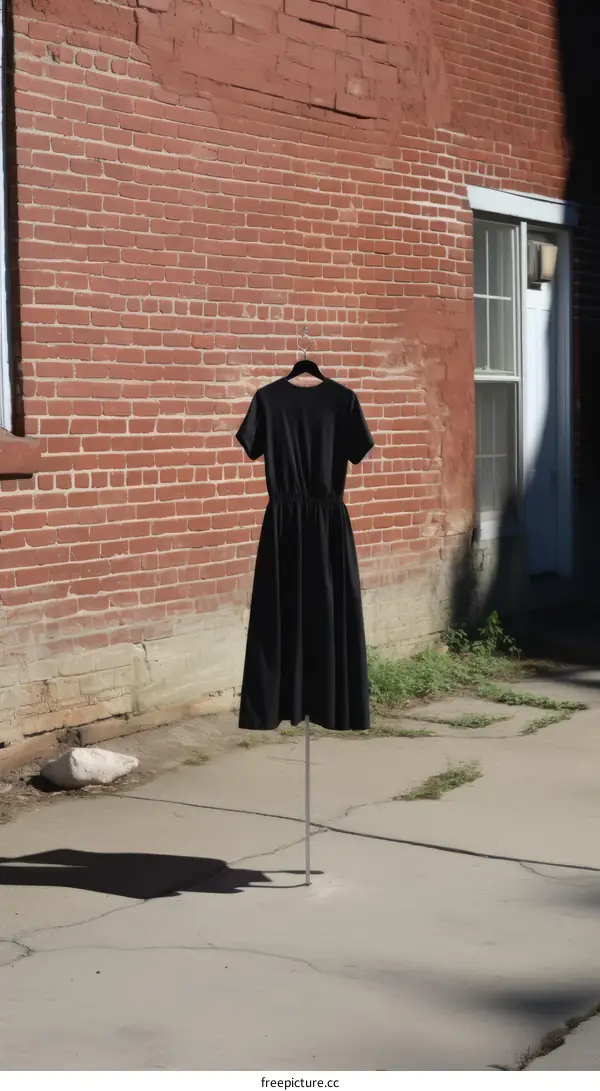 Black Dress Hanging Against Brick Building