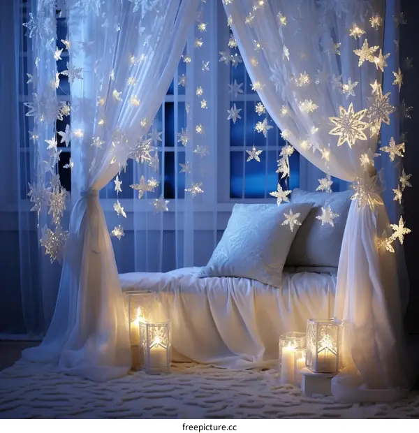 Cozy bedroom with white sheer curtains and snowflake lights