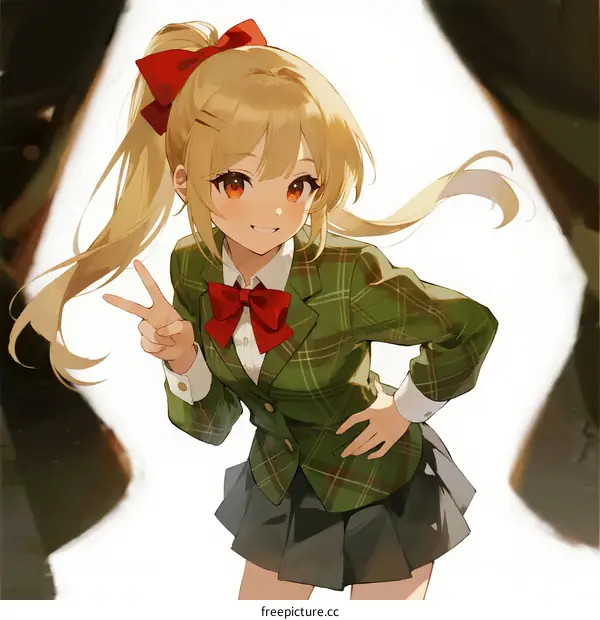 Anime Girl with Blonde Hair and Red Bow Wearing School Uniform