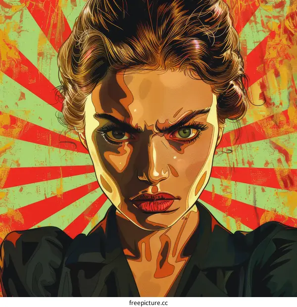 Illustration of a woman with brown hair and red lips looking at the viewer with a stern expression