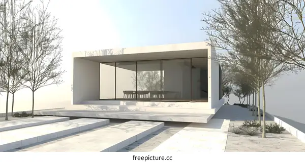Modern Minimalist Glass House with White Walls and Trees