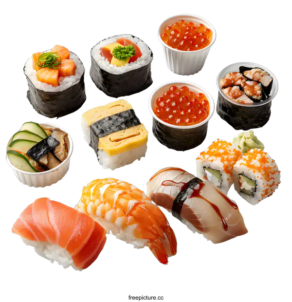 [Transparent Background PNG]A variety of sushi and sashimi arranged on a white background
