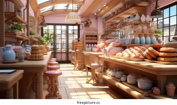 Cozy Country Bakery Interior with Pink Walls and Wooden Shelves