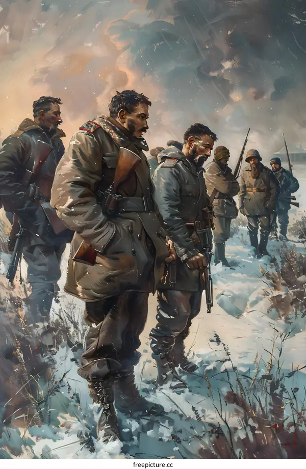 A group of soldiers in winter gear are walking through a snowy forest.