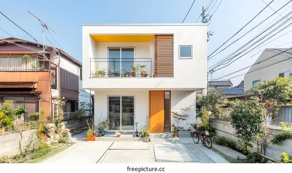 Modern White House with Yellow Accent and Wooden Balcony