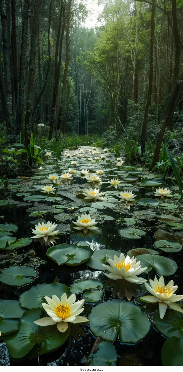 Mystical Forest Pond with Blooming White Water Lilies