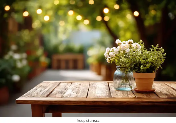 Wooden Patio Table with Flowers and Plants