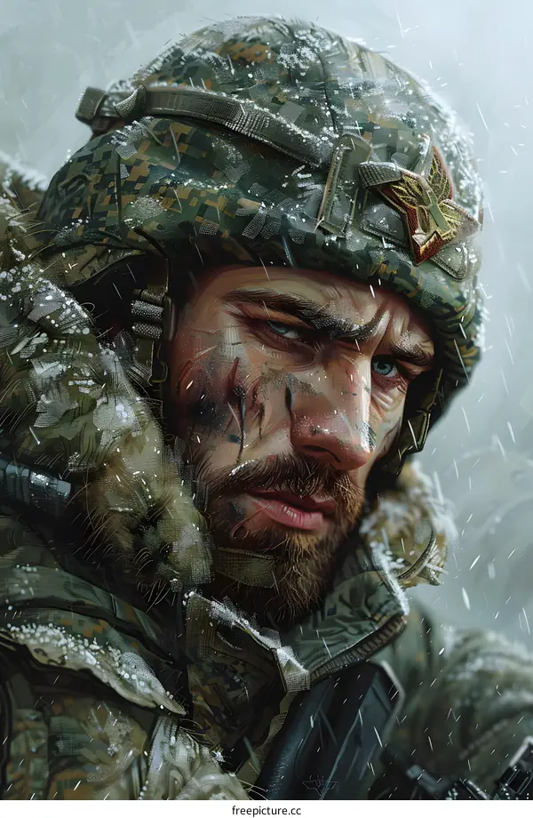 Portrait of a soldier wearing a camouflage helmet and a fur collar