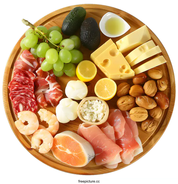[Transparent Background PNG]Assortment of Food on Wooden Serving Tray