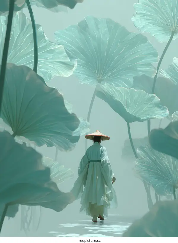 A Person Wearing Traditional Hat Walking Through Large Lotus Leaves