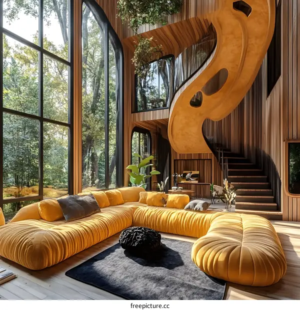 Modern House Interior Design with Curved Wooden Staircase and Large Windows