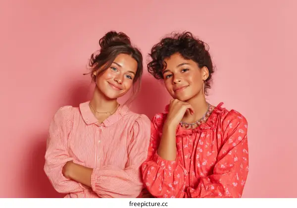 Two Young Women Posing Against a Pink Background