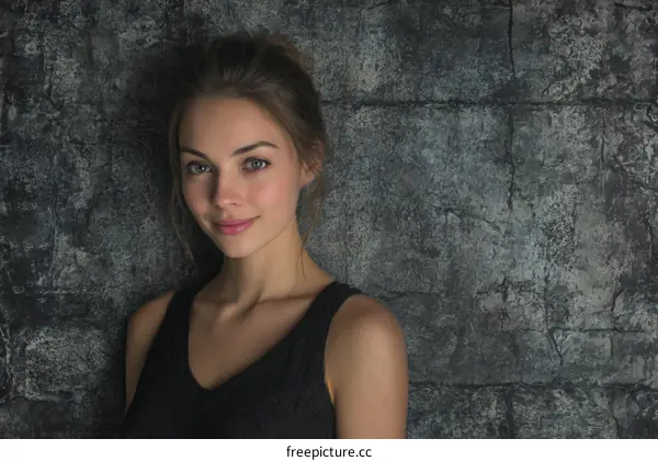 Beautiful Woman Portrait Against a Gray Stone Wall