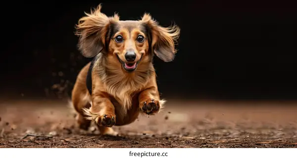 A happy brown long-haired dachshund dog running in the forest