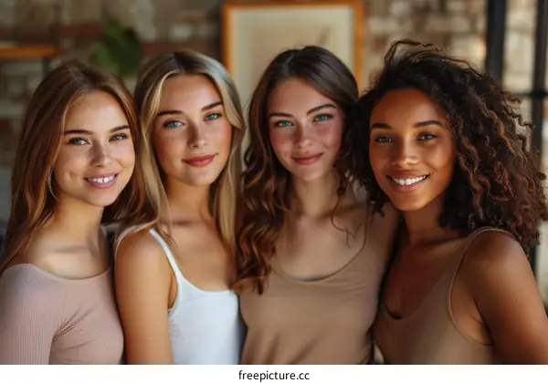 Four beautiful women of different ethnicities smiling together