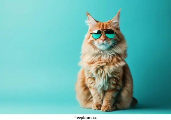 A ginger cat wearing sunglasses is sitting on a blue background