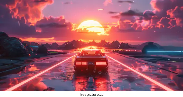 A Red Sports Car Drives Into the Sunset on the Coastal Highway