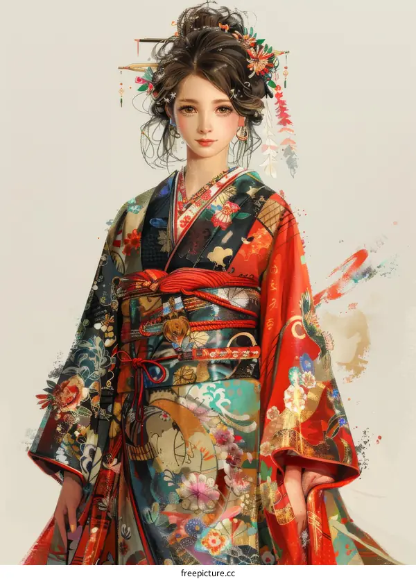 An illustration of a Japanese woman wearing a kimono