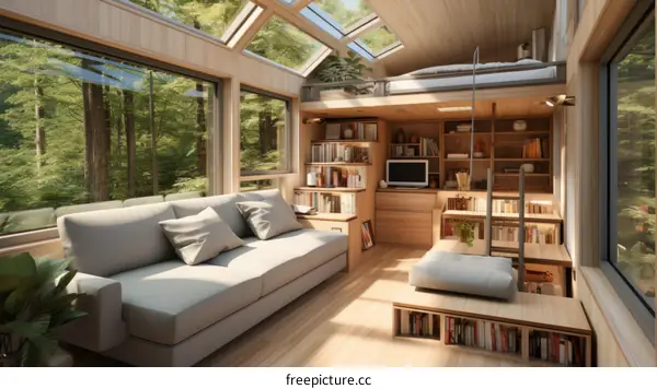 Cozy and Modern Living Room with Bookshelf and Loft Bed