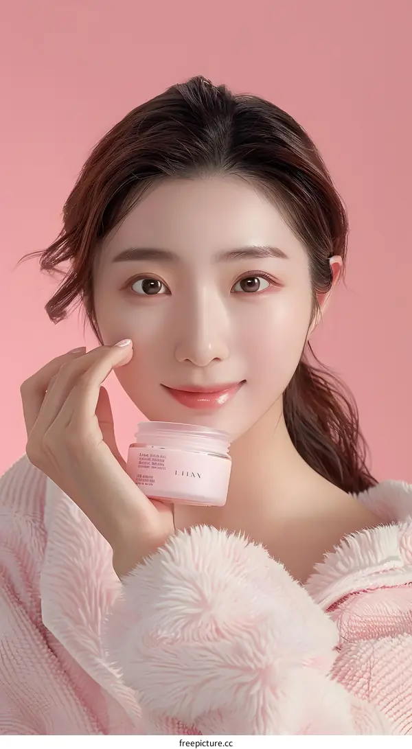 Young Woman with Pink Fluffy Robe Holding Skin Cream