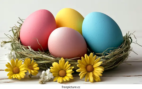 Colorful Easter Eggs in a Nest with Flowers