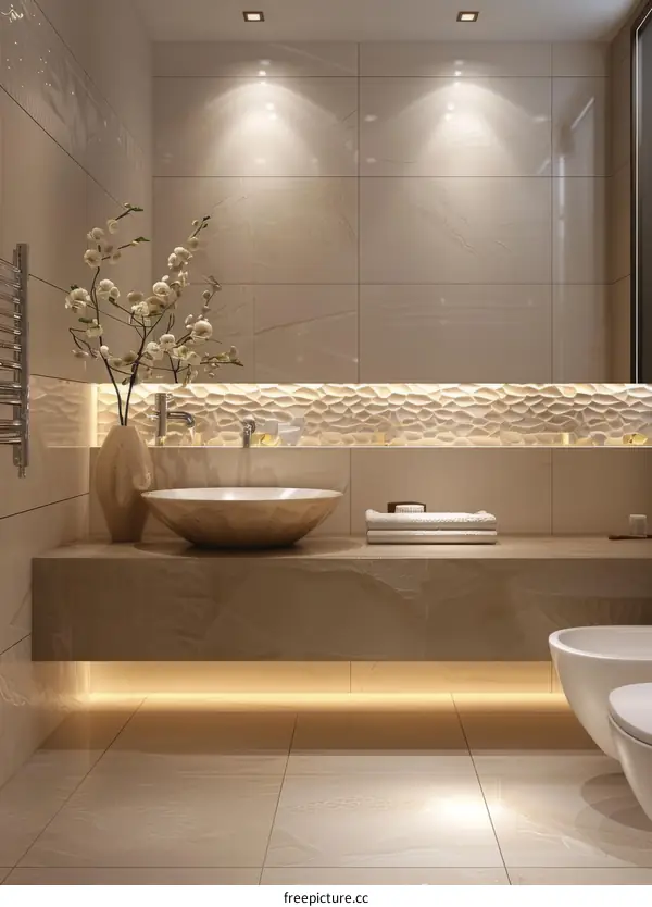 Modern Beige Bathroom Design with Stylish Lighting