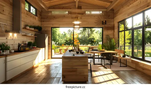 Modern kitchen interior with large windows