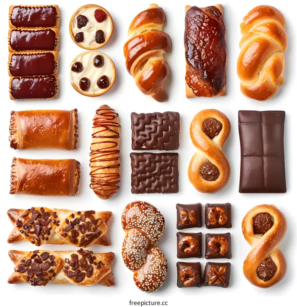 Assortment of sweet pastries isolated on white background