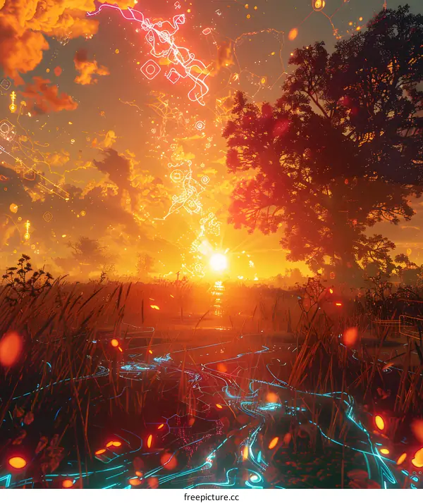 sunset in the middle of the field with some grass and a tree